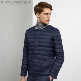 Men's Jackets Men's lined duck down jacket O-neck variable V-neck 2023 new men's winter warmth collarless ultra light quilted puff jacket Z230817