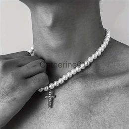 Pendant Necklaces New Trendy Freshwater Pearl Cross Zircon Pendant Cecklace for Man Minimalist Vintage Pearls Collarbone Chain Handmade Jewellery J230817