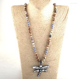 Pendant Necklaces MD Fashion Bohemian Tribal Jewelry Multi Stone Beige Glass Long Knotted Dragonfly