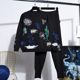 Women's Two Piece Pants Autumn Fashion Embroidery Flowers Knitted Tracksuit Outfits Women Loose Black Long Sleeve Sweater Pencil Sports Set