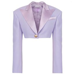 Womens Suits Blazers HIGH STREET est Designer Blazer Satin Collar Single Button Crop Jacket 230817