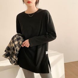 Women's T Shirts Spring Autumn Cotton Oversized T-shirts For Women Clothing Fashion O-neck Side Split Black Tops Female Long Sleeve Shirt