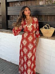 Basic Casual Dresses Print Hollow Out Midi Maxi Dress Women V Neck Backless Long Sleeved Slim Robes Summer Chic Female High Streetwear Vestidos 230817
