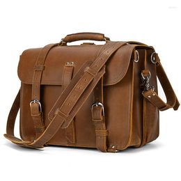 Briefcases Vintage Leather Briefcase Genuine Business Shoulder Bag With Cover 15.6 Inch Computer Solid Cowskin