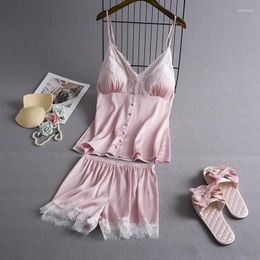 Women's Sleepwear 2023 Summer For Women Pajamas Set Sexy Satin Pyjama Femme Lace With Chest Pads Clothing Suit