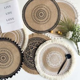 Table Mats Boho Round Placemat Farmhouse Woven Jute Fringe With Pompom Tassel Place Mat For Dining Room Decors