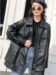 Women's Leather Spring Autumn Four Big Pocket Chic Loose Design Biker BF Vintage Women Lady Pu Jacket Moto Veste Courte