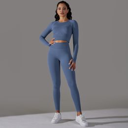 Womens Two Piece Pants 2Pcs Seamless Women Sports Set Bubble Butt Leggings Long Sleeve Shirts Tracksuit Workout Running Sportswear Gym Fitness Clothing 230817