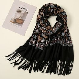 Scarves Fashion Winter Cashmere Scarf Women Embroider Floral Pashmina Stole Warm Thick Blanket Wraps Print Tassel Shawls and Hijabs 230817