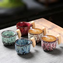 Mugs 1pcs Ceramic Coffee Cup With Wooden Handle Latte Pottery Mug Afternoon Tea Breakfast Milk Custom Wholesale 230817