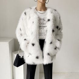 White Black Dot Fluffy Warm Faux Fox Fur Coat Women Jackets Streetwear Young Korean Style Winter Jacket Women Tops