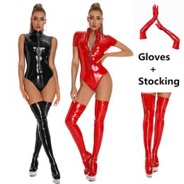 Sexy Set Sexy Women Lingerie Faux Leather Bodysuit Slim Glossy PVC Latex Catsuit Front Zipper Jumpsuits Stretch Erotic Costumes 230817