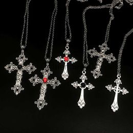 Pendant Necklaces Large Detailed Cross Drill Pendant Jewel Necklace Silver Colour Tone Gothic Punk Fashion Charm Statement Women Gift(Red J230817