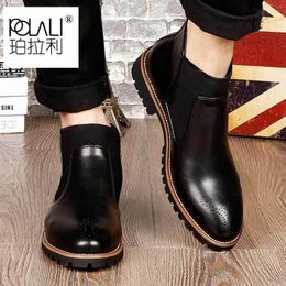Boots POLALI Spring/Winter Fur Men Chelsea Boots British Style Fashion Ankle Boots Black/Brown/Red Brogues Soft Leather Casual Shoes 230816