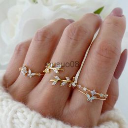 Band Rings FNIO 2023 Korean Fashion Temperament Crystal Twisted Leaves Flowers Ring Set For Women Jewelry J230817