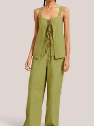 Women's Sleepwear Linad Green Pyjamas For Women 2 Piece Sets Lace Up Sleeveless Female Trouser Suits Loose Nightwear 2023 Summer Casual