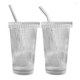 Wine Glasses Ribbed Glassware Glass Coffee Cups With Lids And Straw Portable 375ml Iced Drinking For Coocktail Tea