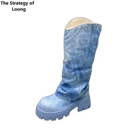 Dress Shoes Spring Autumn European America Style Thick High Heels Round Toe Platform Denim Women KneeHigh Long Trouser Boots 2307 230816