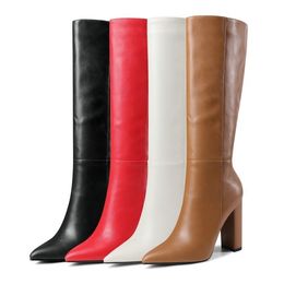 Dress Shoes Women KneeHigh Knight Boots Soft Leather Big Size Autumn Winter Fashion Square High Heel Casual White Brown Red Black 230816