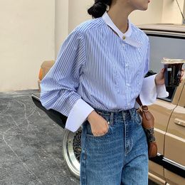 Women's Blouses 2023 Autumn Vertical Striped Shirts Women Long-sleeved Loose BambooTops Commuter Temperament Round Neck Blue Clothing