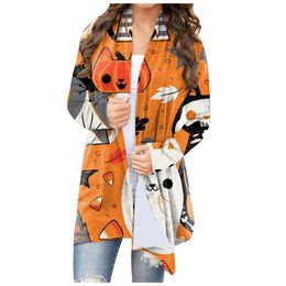 HBP Halloween Cardigan Desinger camisas femininas Principal Pumpin Pumpkin Padrão de abóbora Digital Impresso de mangas compridas Camisinho versátil Mulheres Halloween Casaco Temático