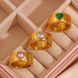 Band Rings Gold Plated Manual Polishing Shiny Heart Shape Green Pink Crystal Zircon Gem Stainless Steel Rings For Female Party Ring Jewelry J230817