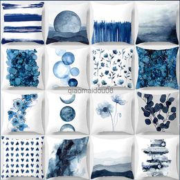 Pillow Case Blue Tone Style Printed Square Cover Car Sofa Cushion Cover Home Decoration Bohemian Cover HKD230817