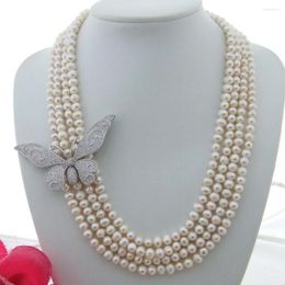 Chains Handmade 4strands 6-7mm White Freshwater Pearl Micro Inlay Zircon Butterfly Flower Accessories Sweater Necklace Long 50-58cm