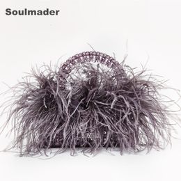 Evening Bags Pearl beaded evening bag Ostrich feather fur designer Clear Acrylic crystal stone box tote handbag women handmade party purse 230816