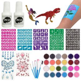 Temporary Tattoos Glitter Colors Tattoo Kit With Stencil Glue Brush Makeup Body Art Design For Kids Painting Powder Halloween 2308017