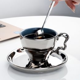 Mugs Umlaca Silver Coffee Mug Tea Cup Set Espresso Cups Ceramic with Saucers Dish Taza Electroplated Coffeeware 230817