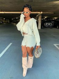 Women's Tracksuits Autumn Streetwear Casual 2 Two Pieces Sets Women Outfit 2023 Long Sleeve Zipper Hoodie Crop Tops White Knitted Shorts