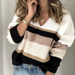 Women's Sweaters Autumn Winter Striped Knitted V-Neck Sweater Women Loose Color Block Womens Pullovers Knitwear Female Outwear Jumpers