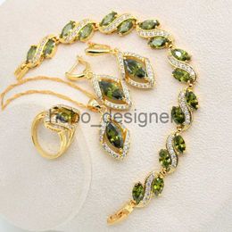 Geometric Gold Colour Jewellery Set for Women Olive Green White Zircon Bracelet Earrings Necklace Pendant Ring Wedding Gift 4PCS x0817