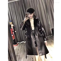 Women's Leather Sheepskin Stitching Paint Long Trench Coat Female Real With Belt