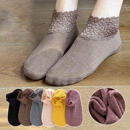 Women Socks 5 Pairs Low Lace Tube Thermal Cute Thick Plus Velvet Warm Home Floor Autumn Winter Anti-slip Sock Slippers