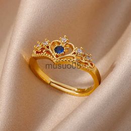 Band Rings Blue Zircon Crown Rings For Women Stainless Steel Adjustable Crown Ring 2023 Trend Design Female Wedding Jewerly Free Shipping J230817