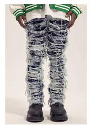 Men's Jeans Mens High Street Washed Blue Ripped Cat Beard Worn Hole Zippered Beggar Pants