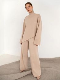 Women's Two Piece Pants Solid Asymmetric Hem Knitted Sweater 2 Set Casual Turtleneck With Straight Long Women Autumn Winter Streetwear Sets