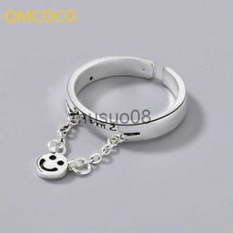 Band Rings QMCOCO Silver Colour Round Smile Face Pendant Chain Punk Ring Design Open Adjustable Ring For Women Delicacy Jewellery Accessories J230817