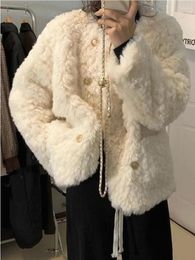 Women's Trench Coats 2023 Winter Loose Wool Warm Jacket Coat Mid Length Faux Fur Sheepskin Parka Single Breasted Fluffy Overcoat