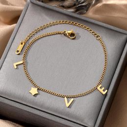 Link Bracelets Fashion Letter LOVE Pentagram Star Stainless Steel Bracelet Anklet For Women Beach Ankle Chain Girl Party Jewellery Accessories