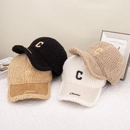 Ball Caps Women's Winter C Letter Embroidered Baseball Cap Korean Lamb Plush Windproof Warm Adjustble Hat Outdoor Sports Snapback