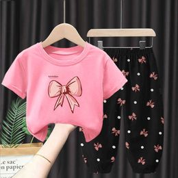 Clothing Sets Summer Children's Clothes Suits Girls Bow Pattern Short-Sleeved T-Shirt Anti-Mosquito Pants 2Pcs Sets Baby Thin Clothing Sets