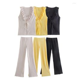 Women's Two Piece Pants Fashionable Temperament 2023 Summer Sexy V-Neck Ruffle Lace Up Top Wide Leg Casual Suit Party Travel Commuting