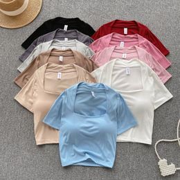 Women's T Shirts Sexy Short Sleeve Square Neck Slim Blouse Elegant Korean Fashion Crop Top Shirt Summer Women Clothing
