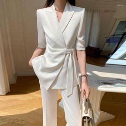 Women's Two Piece Pants Summer Office Lady White Blazer Suits Women Half Sleeve Sashes Lace-up Coat High Waist Wide Leg Fashion Sets 2023