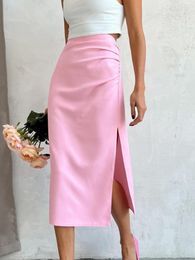 Skirts Jyate 2023 Autumn Winter Women Sexy Midi Solid Pink High Waist Ladies Asymmetrical Slit Bodycon Office Pencil Skirt