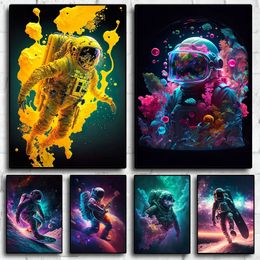 Astronauts Colourful Canvas Painting Neon Space Flower Poster Magical Forest Aesthetics Print Wall Art Kids Bedroom Living Room Home Decor No Frame Wo6