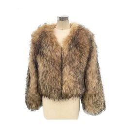 Luxury Thick Warm Fluffy Faux Raccoon Fur Jacket for Women V Neck Long Sleeve Faux Fur Coat Winter Clothes Women